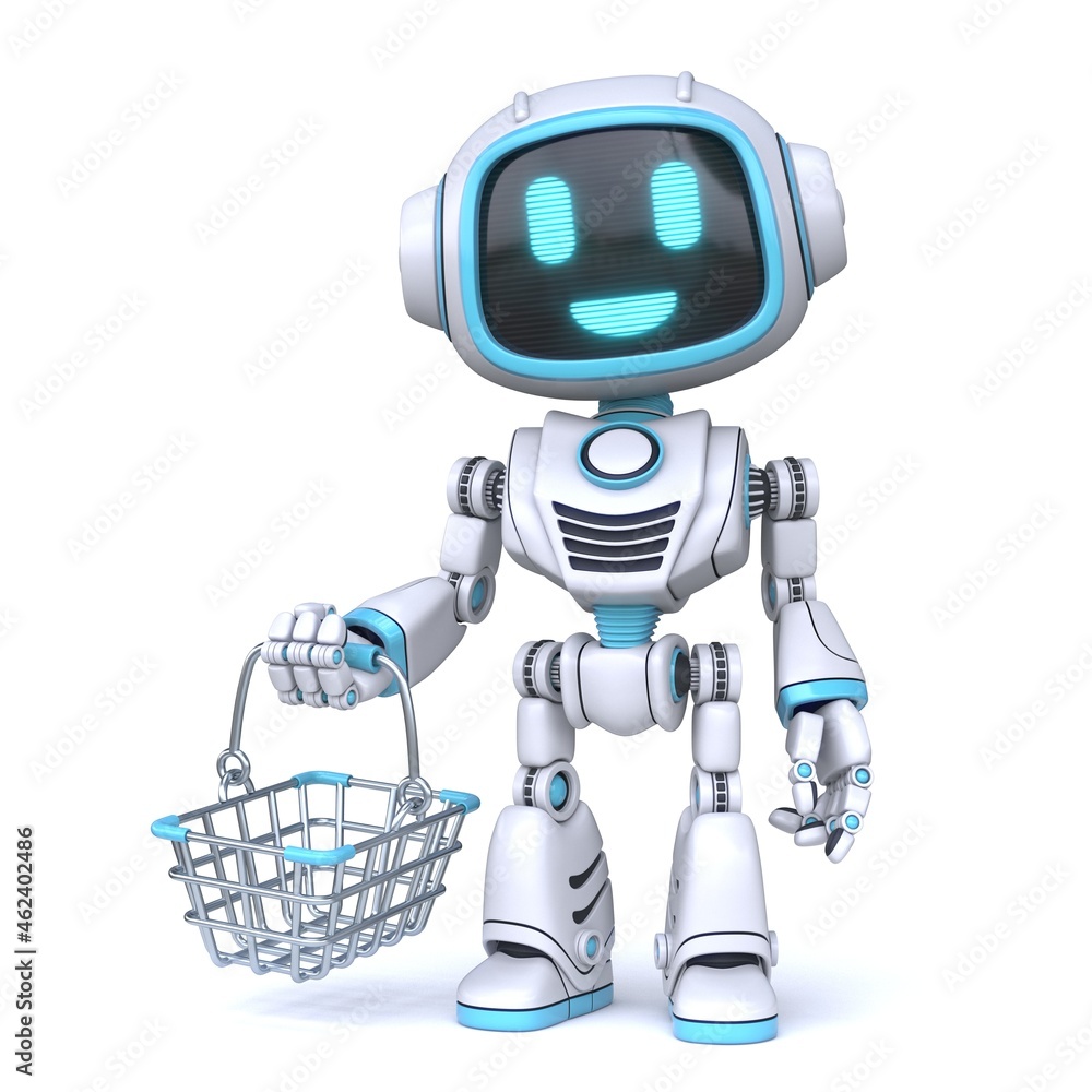 Cute blue robot with shopping basket 3D Cute blue robot with shopping basket 3D