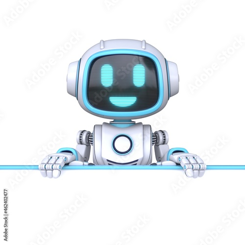 Obraz na płótnie Cute blue robot holding blank white board 3D w salonie