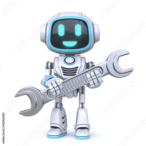 Cute blue robot holding wrench tool 3D