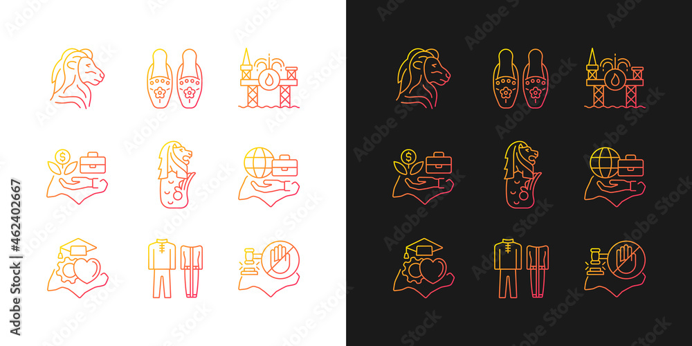 Singapore national values gradient icons set for dark and light mode. Quality of living. Thin line contour symbols bundle. Isolated vector outline illustrations collection on black and white