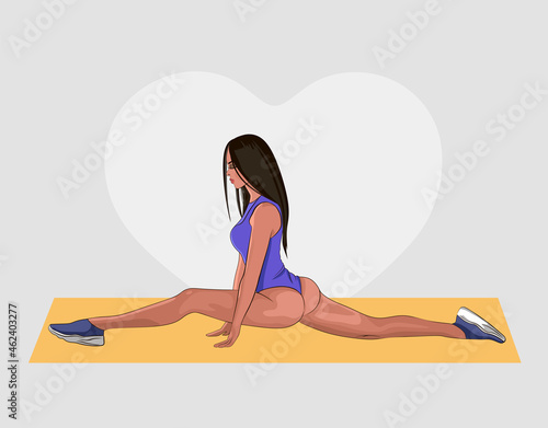 A young girl in sportswear is doing splits or stretching. Vector illustration.