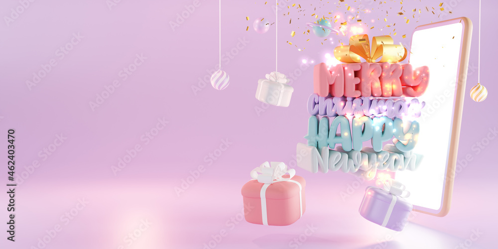 Shopping Online with Smartphone. Digital marketing, Christmas gift box, balls, social advertising, 3d illustration. Shopping Online with Smartphone. Digital marketing, Christmas gift box, balls, social advertising, 3d illustration.