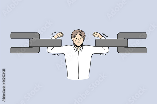 Businessman in chain solving supply industrial problem. Vector concept illustration of manager role and support in management suppling process.  photo