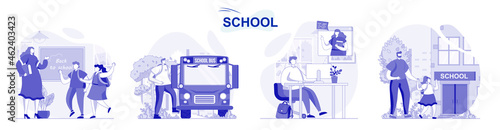 School isolated set in flat design. People get education, pupils and students learning at lessons collection of scenes. Vector illustration for blogging, website, mobile app, promotional materials.