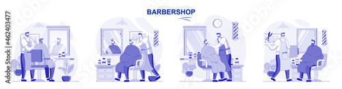 Barbershop isolated set in flat design. People get haircuts or shave beard, hairdresser does styling collection of scenes. Vector illustration for blogging, website, mobile app, promotional materials.