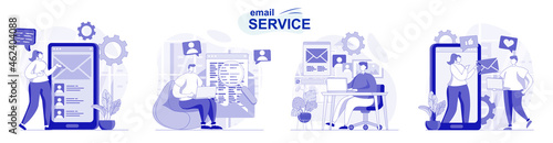 Email service isolated set in flat design. People send and receive letters, personal correspondence, collection of scenes. Vector illustration for blogging, website, mobile app, promotional materials. © alexdndz