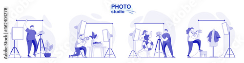 Photo studio isolated set in flat design. People take photos on professional camera with lights, collection of scenes. Vector illustration for blogging, website, mobile app, promotional materials.