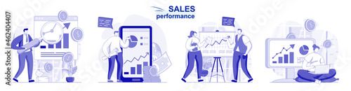 Sales performance isolated set in flat design. People analyzing financial data, earnings increase , collection of scenes. Vector illustration for blogging, website, mobile app, promotional materials.