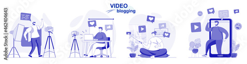 Video blogging isolated set in flat design. People record videos, bloggers create blog content, collection of scenes. Vector illustration for blogging, website, mobile app, promotional materials.