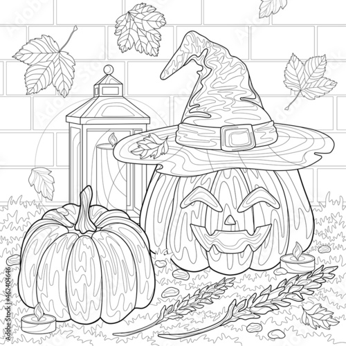 One evil pumpkin with witches hat  and simple, ears of wheat, seeds, fallen leaves, grass. Brick wall and lantern. Halloween isolated illustration. For coloring book pages.