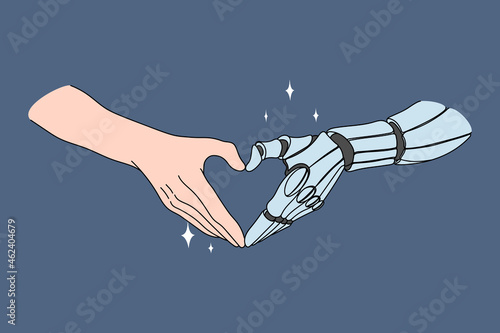 Touching human and robotic hands. Vector concept illustration of future successful collaboration between human work and artificial intelligence.