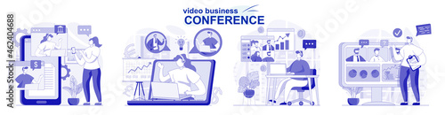 Video business conference isolated set in flat design. People discuss tasks with colleagues online, collection of scenes. Vector illustration for blogging, website, mobile app, promotional materials.