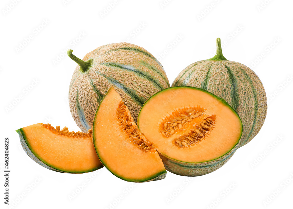 Whole and sliced cantaloupe melon isolated on a white background. Whole and sliced cantaloupe melon isolated on a white background.