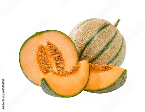 whole and half cantaloupe melon isolated on the white background.