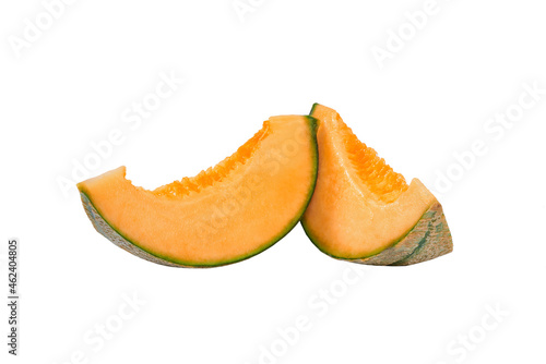 Set cantaloupe melon slices isolated on white background.