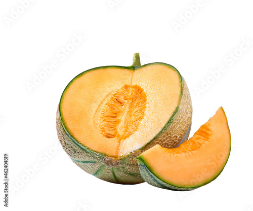 cut orange melon or cantaloupe melon isolated on white background.