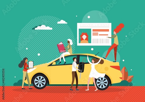 Women learning traffic rules, passing exam, getting licence, flat vector illustration. Driver education, driving school.