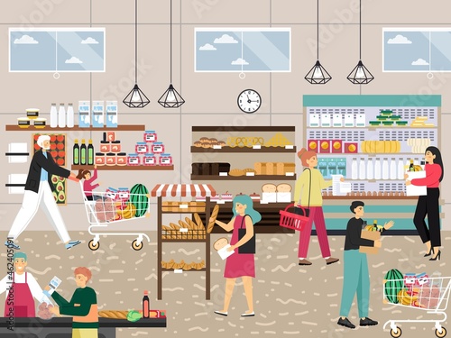 Shoppers in supermarket, grocery store, food shop, vector illustration. People buying fruit, fresh bread, diary products