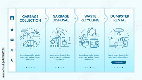 Waste management service onboarding vector template. Responsive mobile website with icons. Web page walkthrough 4 step screens. Garbage collection color concept with linear illustrations