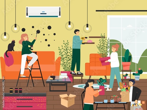 Home repair and improvement. Interior designer decorating room with wall mural art, houseplants, vector illustration.