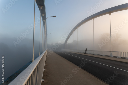Spaziergänger mit Hund bei Nebel auf einer Brücke  © annebe