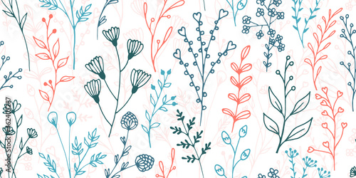 Field flower sprouts botanical vector seamless background. Fine herbal fabric print. Greenery plants foliage and bloom illustration. Field flower twigs linear endless background