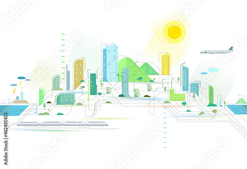 Staggered lines Quality City 3 with aeroplane and subway appearance with some elements of environmental protection vector illustrator graphic EPS 10