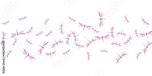 Tropical rosy pink dragonfly flat vector wallpaper. Summer beautiful damselflies. Detailed dragonfly flat dreamy background. Tender wings insects graphic design. Fragile creatures
