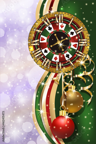 Christmas Casino card with poker clock roulette, vector illustration
