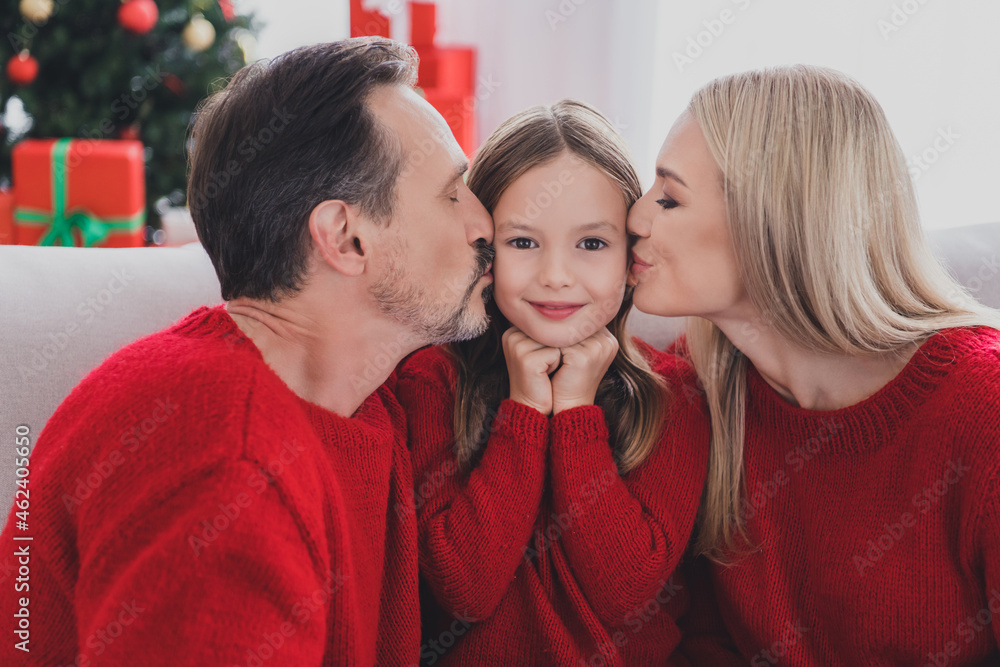Portrait of attractive cheerful family wife husband parenthood sitting on cozy sofa mom dad kissing schoolgirl december at home indoors Portrait of attractive cheerful family wife husband parenthood sitting on cozy sofa mom dad kissing schoolgirl december at home indoors