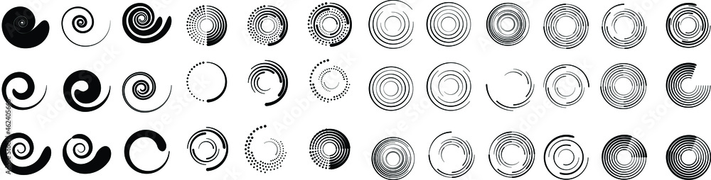 Mega set of lines in Circle Form . Spiral Vector Illustration .Big collection of round Logos . Design element . Abstract Geometric circular shapes .Rotating radial lines collection. Concentric circles