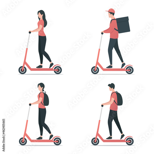 People are riding push scooters. Flat colored vector illustration. Isolated on white background. 