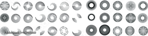 Mega set of lines in Circle Form . Spiral Vector Illustration .Big collection of round Logos . Design element . Abstract Geometric circular shapes .Rotating radial lines collection. Concentric circles