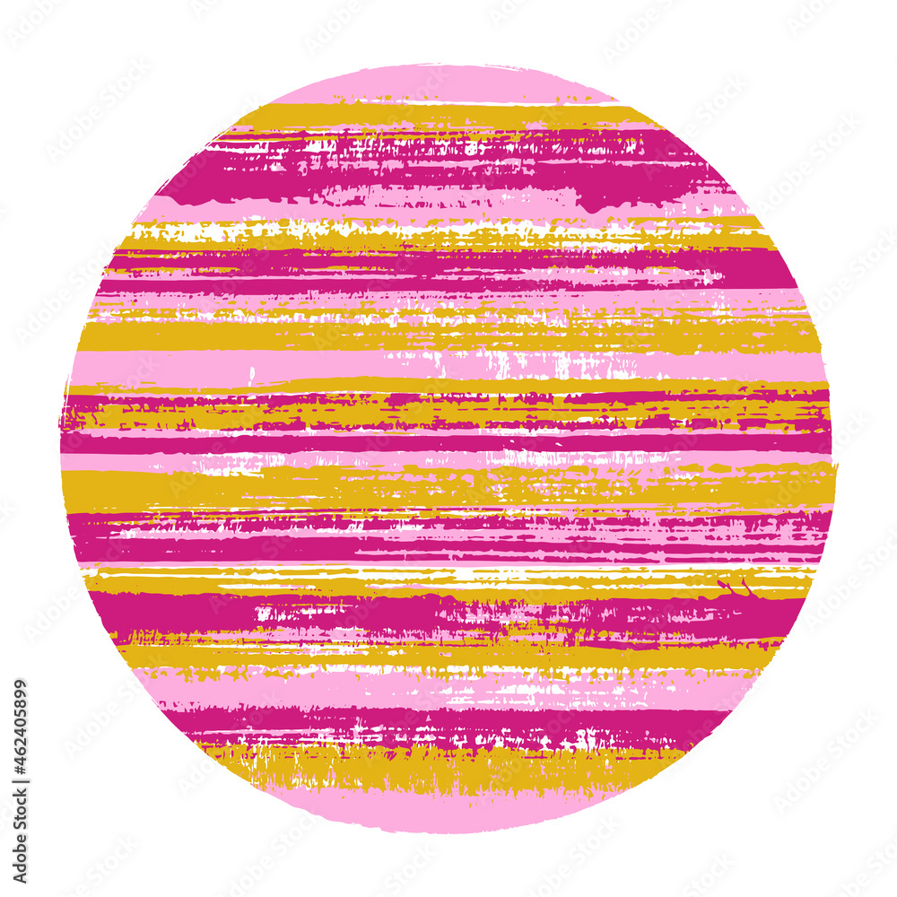 Abstract circle vector geometric shape with striped texture of paint horizontal lines. Disk banner with old paint texture. Label round shape circle logo element with grunge background of stripes.