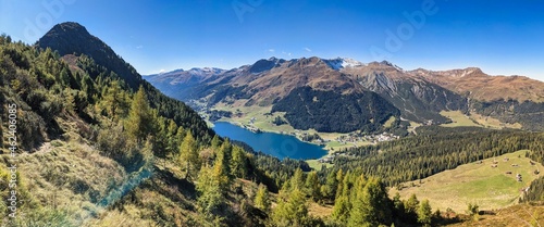 larch forest above lake davos. Panorama picture of Davos Klosters Mountains. autumn time in the mountains. Seehorn photo