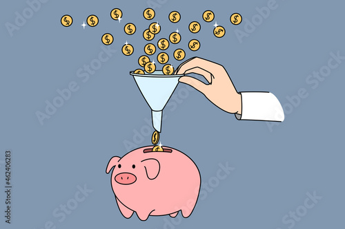 Financial funnel depositing money. Vector concept illustration of dollar coins attracted into business sale and generation profit funnel.