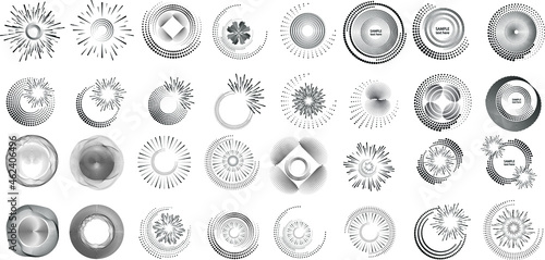Mega set of lines in Circle Form . Spiral Vector Illustration .Big collection of round Logos . Design element . Abstract Geometric circular shapes .Rotating radial lines collection. Concentric circles