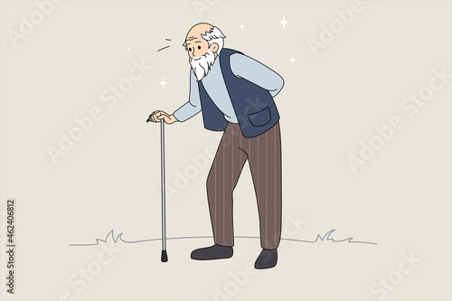 Hand drawn vector illustration of senior man with walking stick. Senior retirement. Walking old man. Vector illustration with abstract background