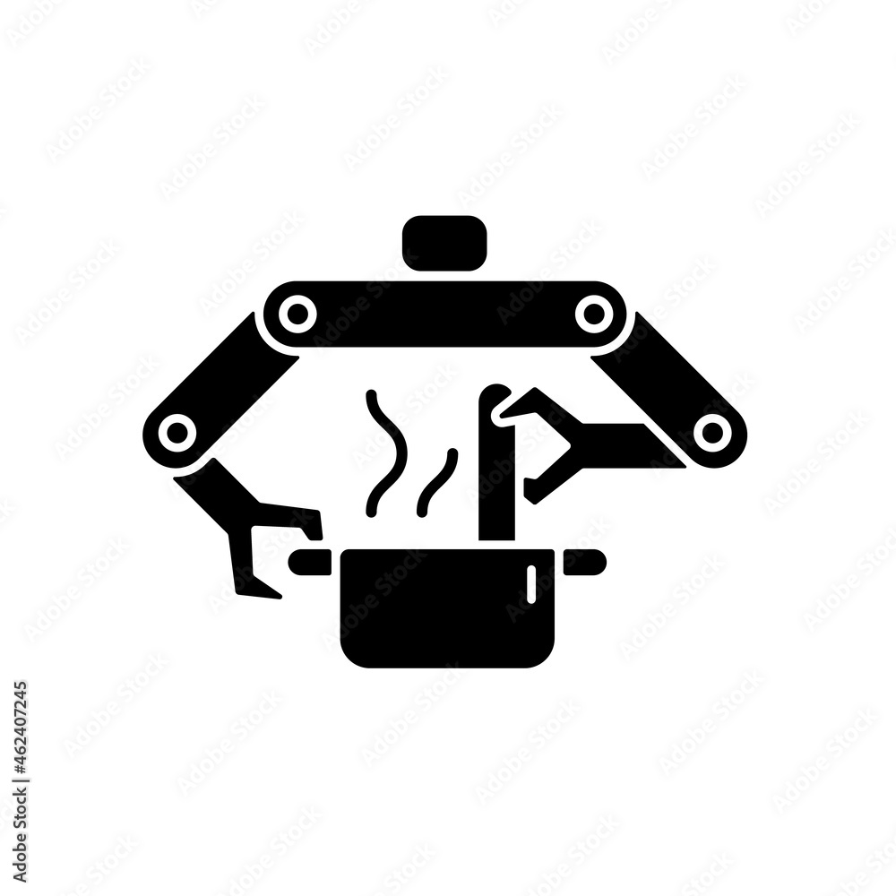 Cooking robots black glyph icon. Robotic kitchen. Automatic restaurant meals making. Robotic chef. Innovative technology. Silhouette symbol on white space. Vector isolated illustration