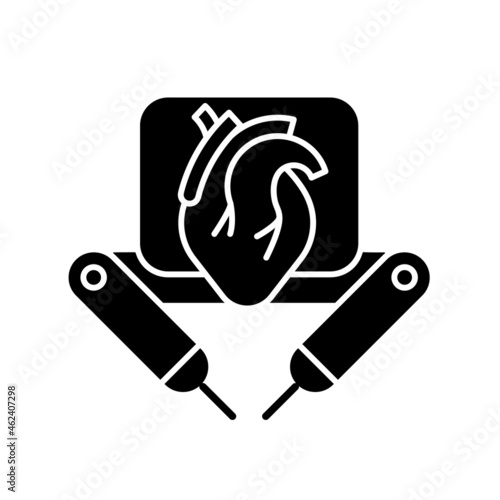 Surgical robot black glyph icon. Remote manipulation by surgeon. Robotic-assisted surgical procedure. Computer-controlled device. Silhouette symbol on white space. Vector isolated illustration