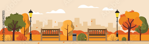 Panoramic of a beautiful autumn city park with town building background. Vector illustration. EPS10