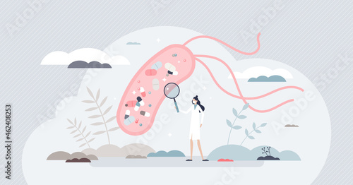 Mechanism of antibiotic resistance development in bacteria cell tiny person concept. Female scientist researching medication processes in human gut. Medical challenges because of bacterial mutation. photo