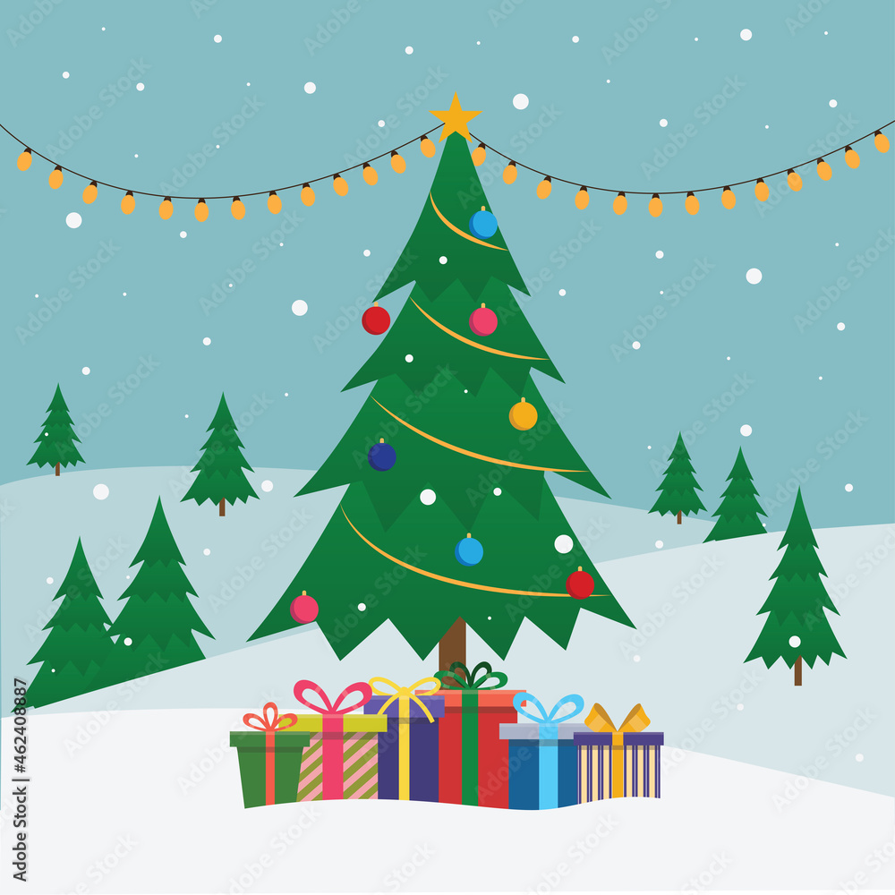 Holiday background with a christmas tree and presents. Flat cartoon vector illustration