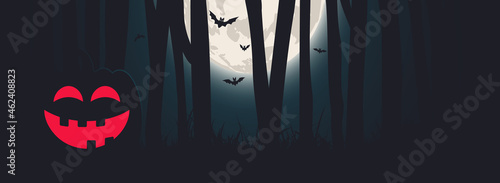 Halloween night banner with full moon, pumpkin and forest. Vector design