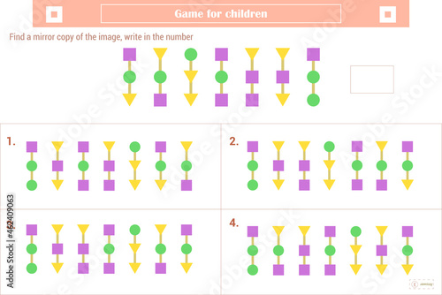  Logic puzzle game for children. Select and write down the number of the correct mirror image of the figure. Development of spatial thinking