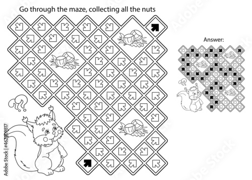 Maze or Labyrinth Game. Puzzle. Coloring Page Outline Of cartoon squirrel with nuts. Coloring book for kids.