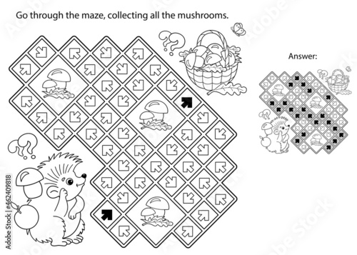 Maze or Labyrinth Game. Puzzle. Coloring Page Outline Of cartoon little hedgehog with basket of mushrooms. Coloring book for kids.