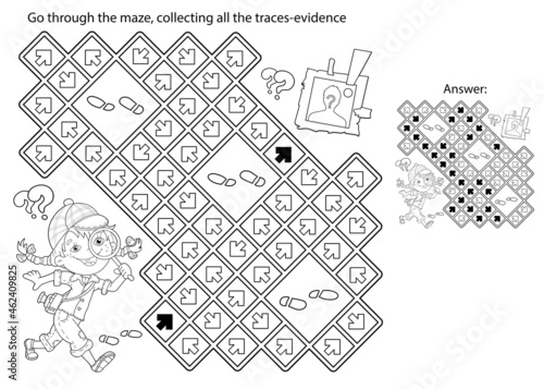 Maze or Labyrinth Game. Puzzle. Coloring Page Outline Of cartoon girl detective with loupe. Young Sherlock Holmes. Coloring book for kids.