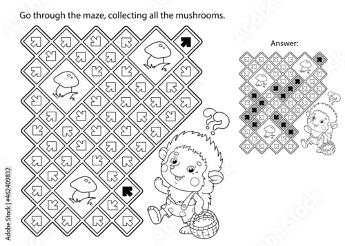 Maze or Labyrinth Game. Puzzle. Coloring Page Outline Of cartoon little hedgehog with basket of mushrooms. Coloring book for kids.