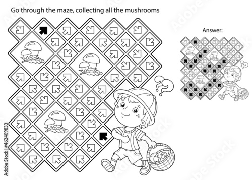 Maze or Labyrinth Game. Puzzle. Coloring Page Outline Of cartoon fun boy with basket. Little mushroom picker. Coloring book for kids.
